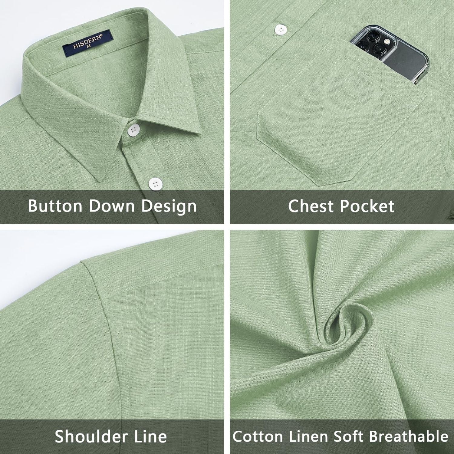 Men's Short Sleeve Sage Green Casual Linen Shirts for Summer Beach