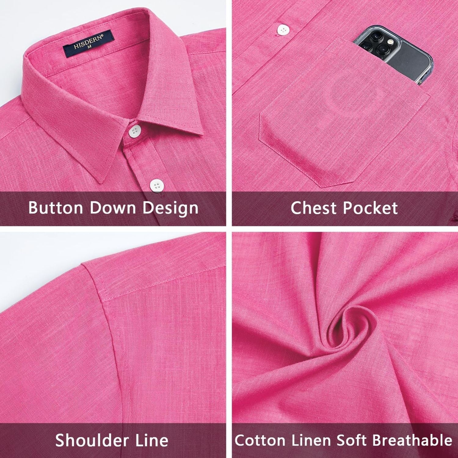 Men's Short Sleeve Hot Pink Casual Linen Shirts for Summer Beach
