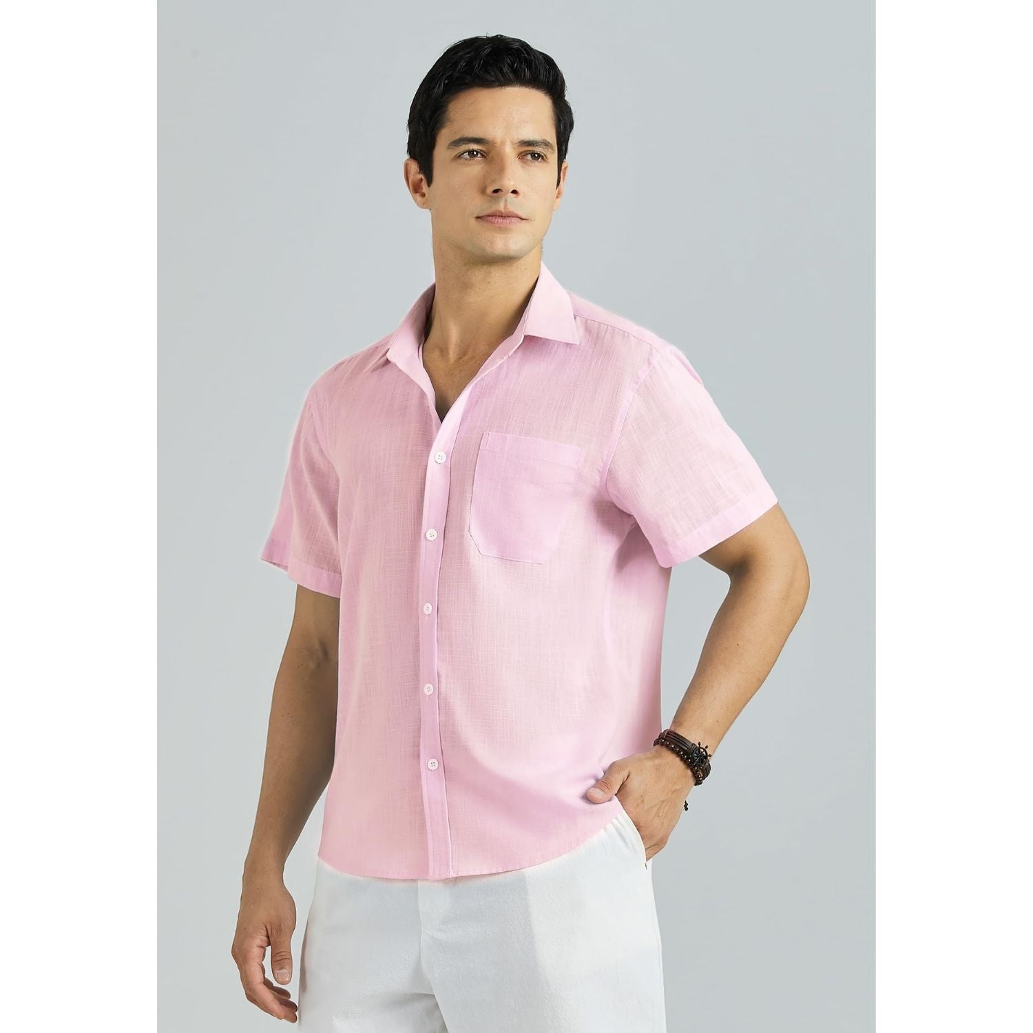 Men's Short Sleeve Light Pink Casual Linen Shirts for Summer Beach