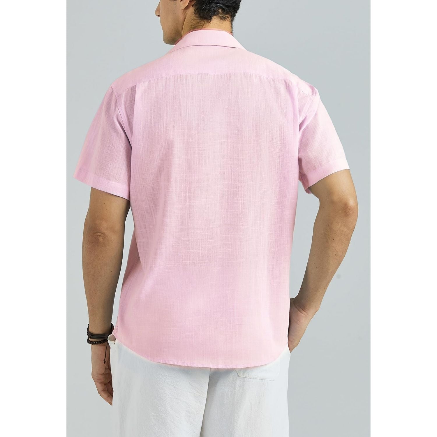 Men's Short Sleeve Light Pink Casual Linen Shirts for Summer Beach