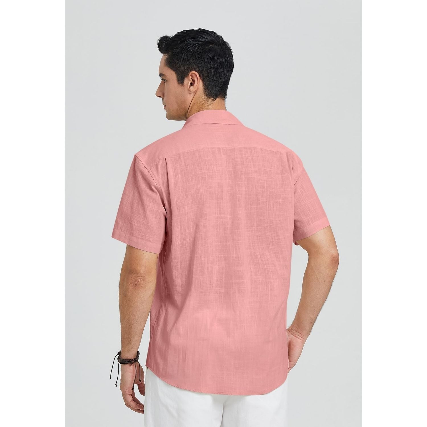 Men's Short Sleeve Coral Pink Casual Linen Shirts for Summer Beach
