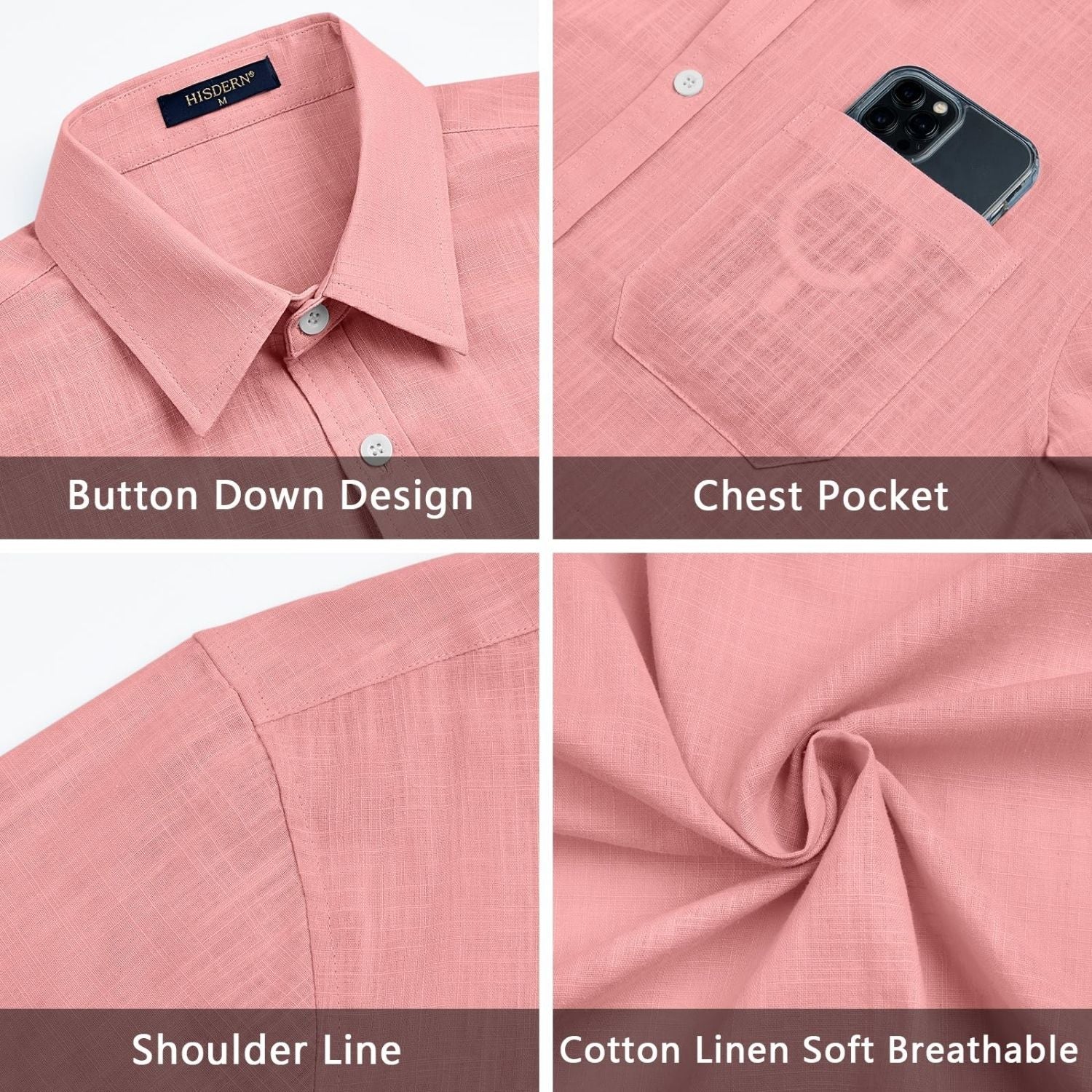 Men's Short Sleeve Coral Pink Casual Linen Shirts for Summer Beach
