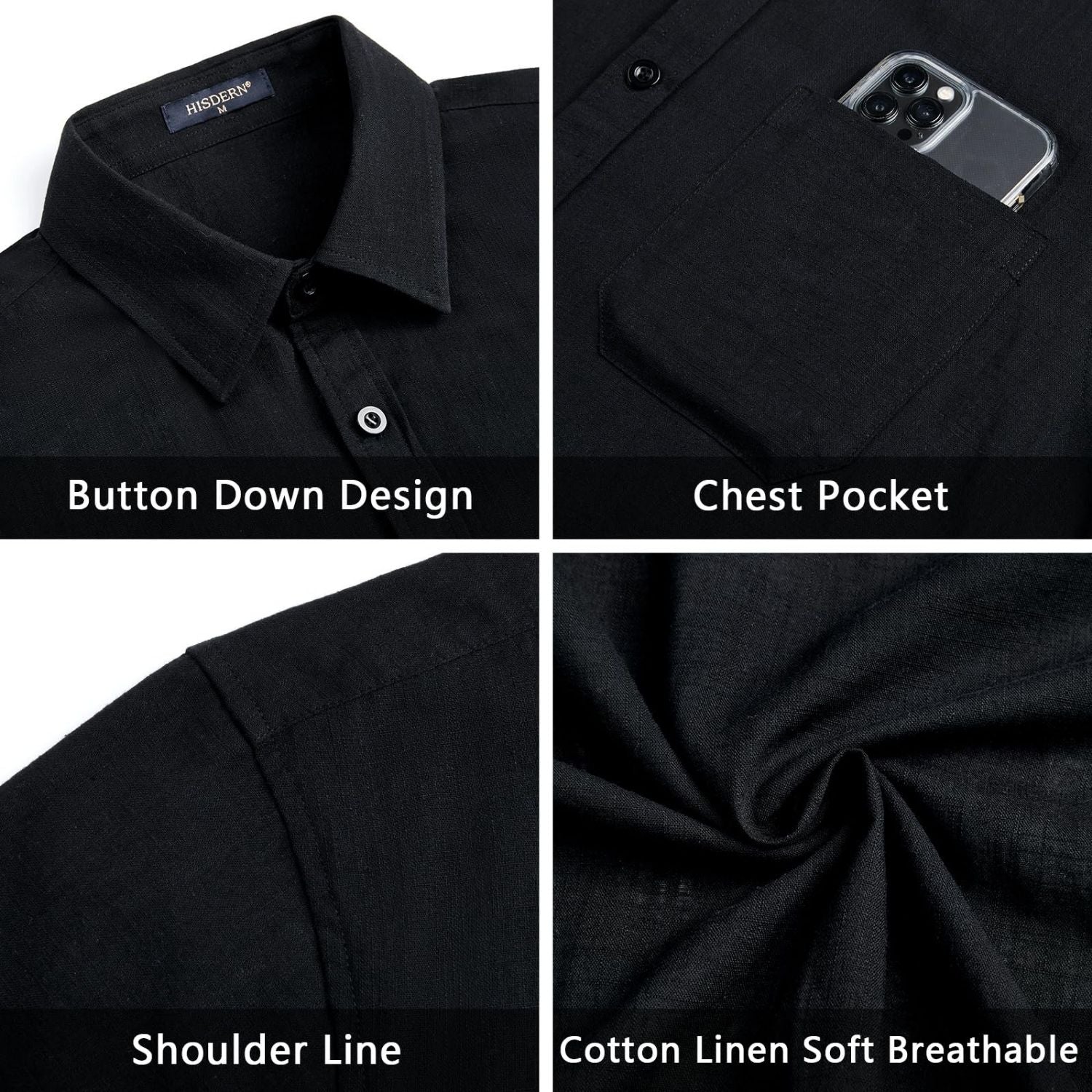 Men's Short Sleeve Black Casual Linen Shirts for Summer Beach