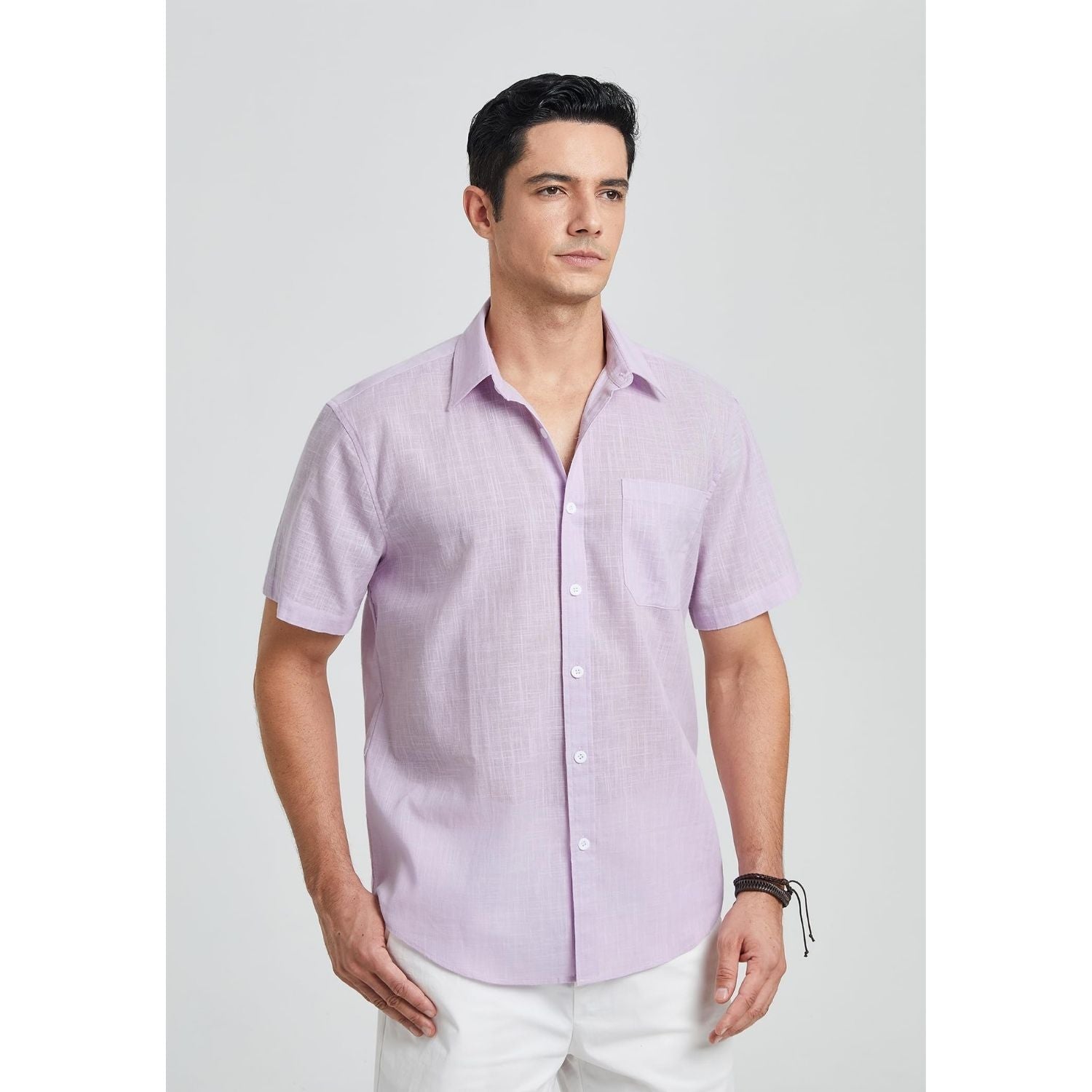 Men's Short Sleeve Lilac Casual Linen Shirts for Summer Beach