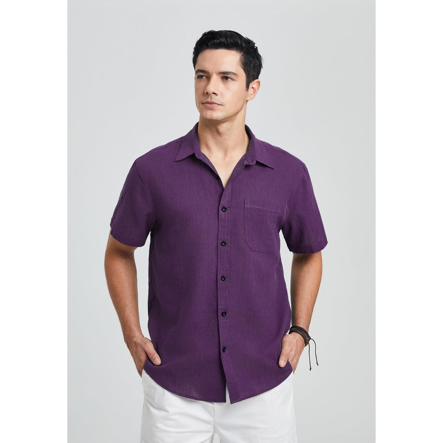 Men's Short Sleeve Purple Casual Linen Shirts for Summer Beach
