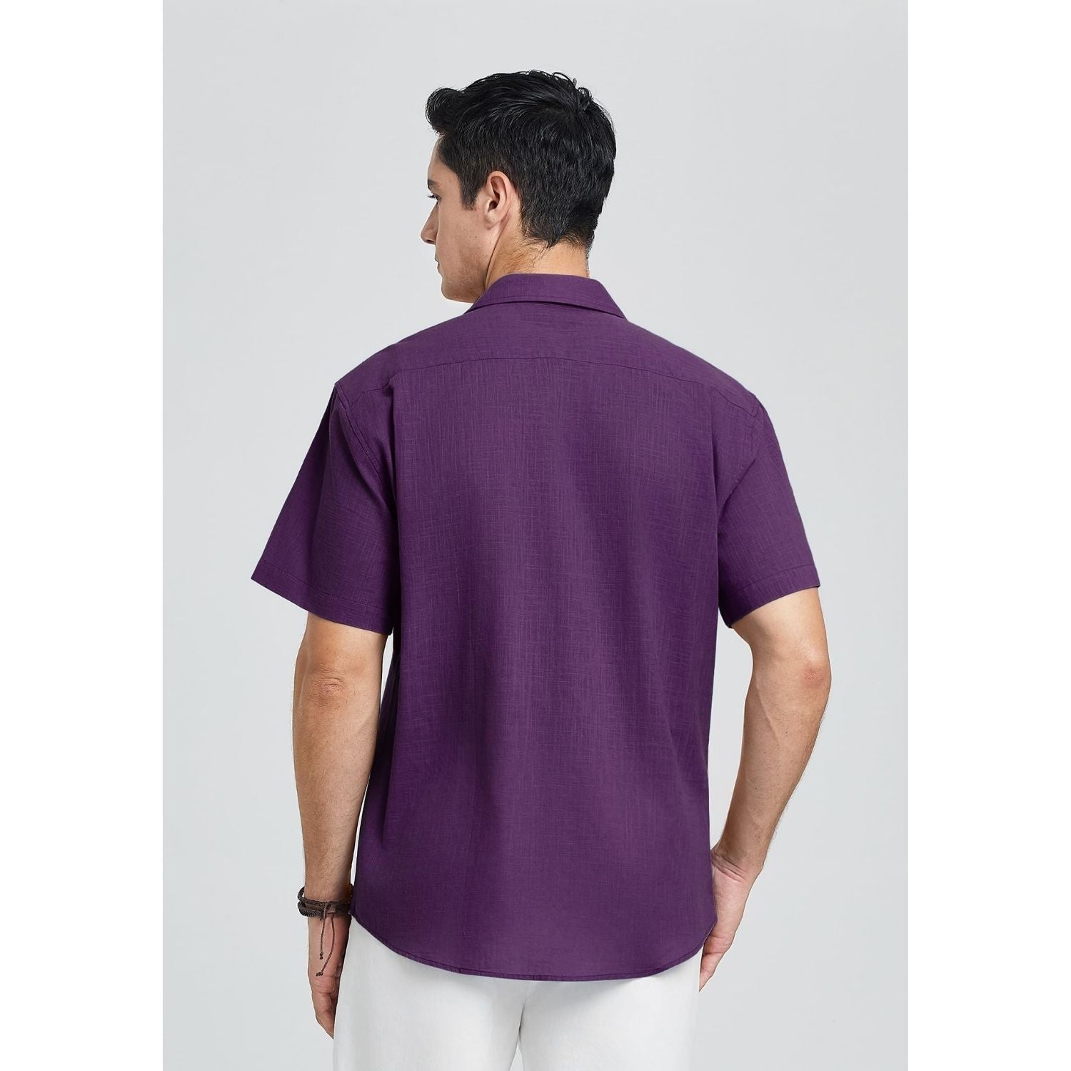 Men's Short Sleeve Purple Casual Linen Shirts for Summer Beach