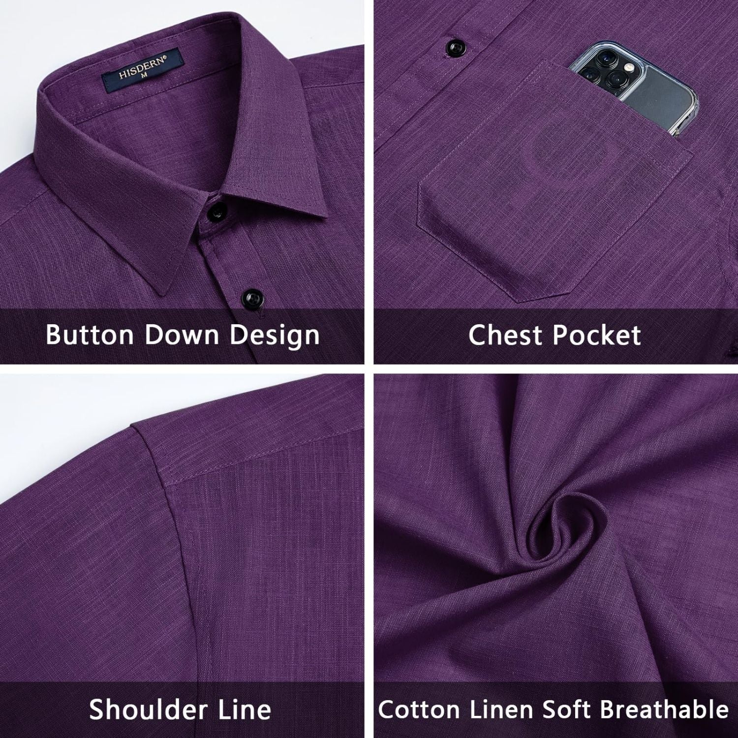 Men's Short Sleeve Purple Casual Linen Shirts for Summer Beach