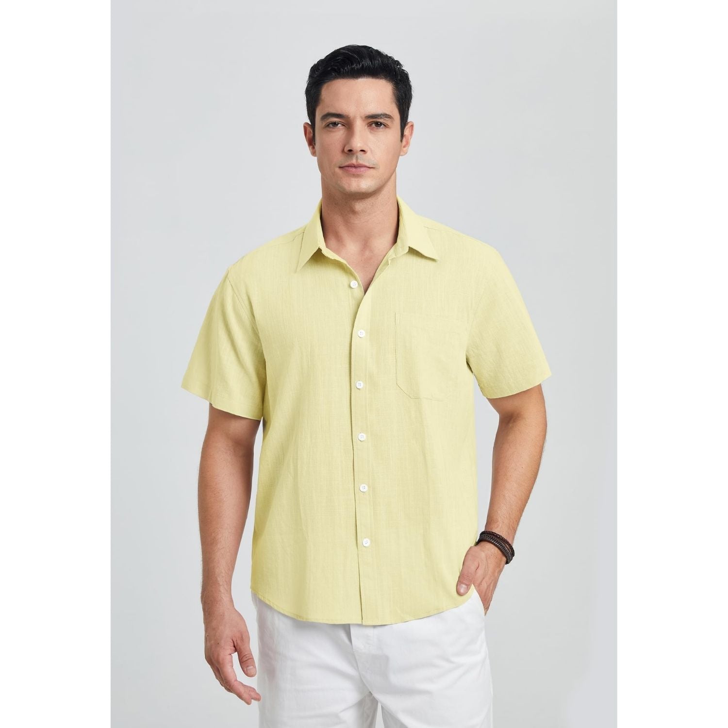 Men's Short Sleeve Yellow Casual Linen Shirts for Summer Beach