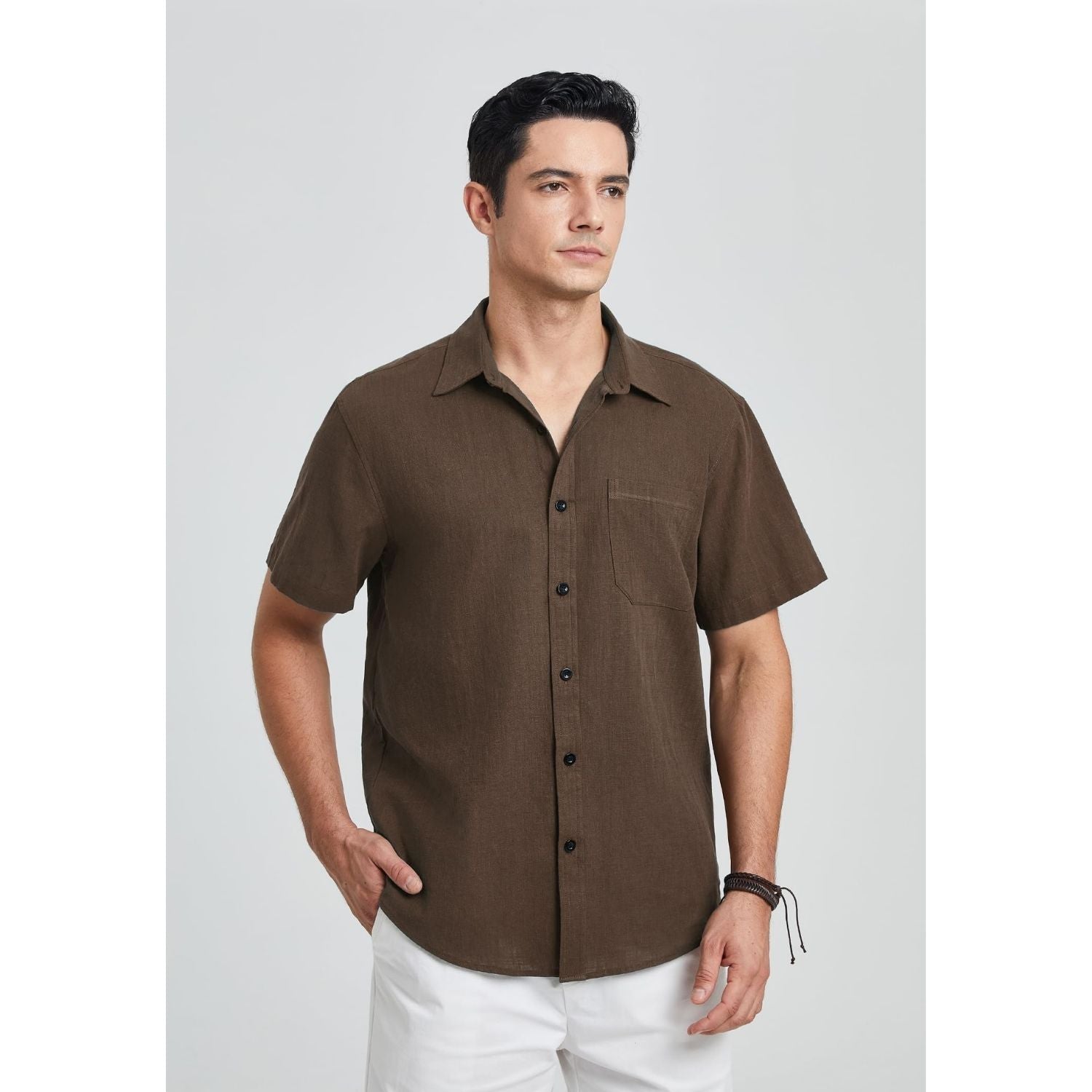 Men's Short Sleeve Brown Casual Linen Shirts for Summer Beach