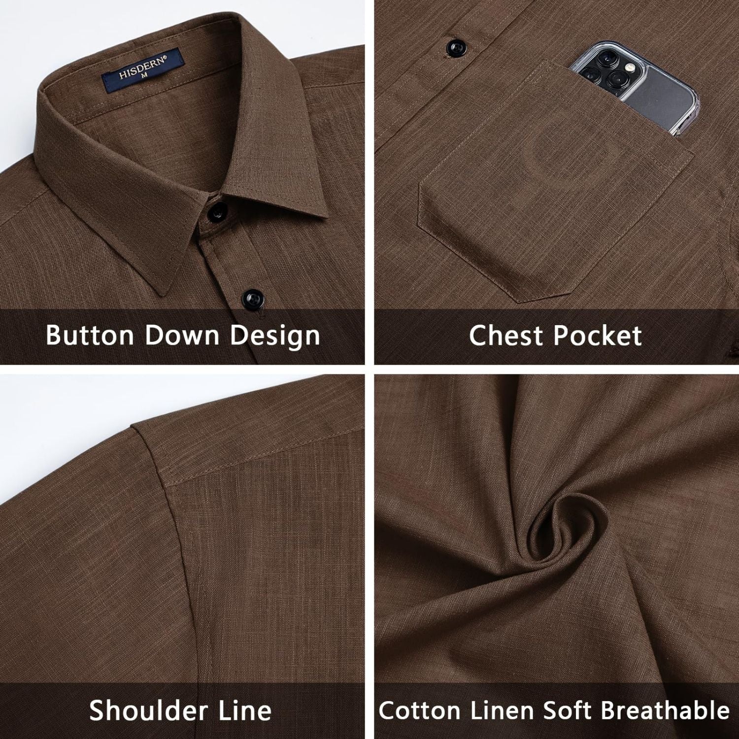 Men's Short Sleeve Brown Casual Linen Shirts for Summer Beach