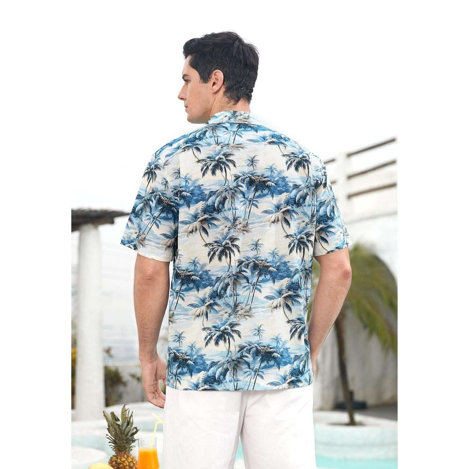 Blue White Palm Tree Button Up Hawaiian Shirt For Summer Vacation
