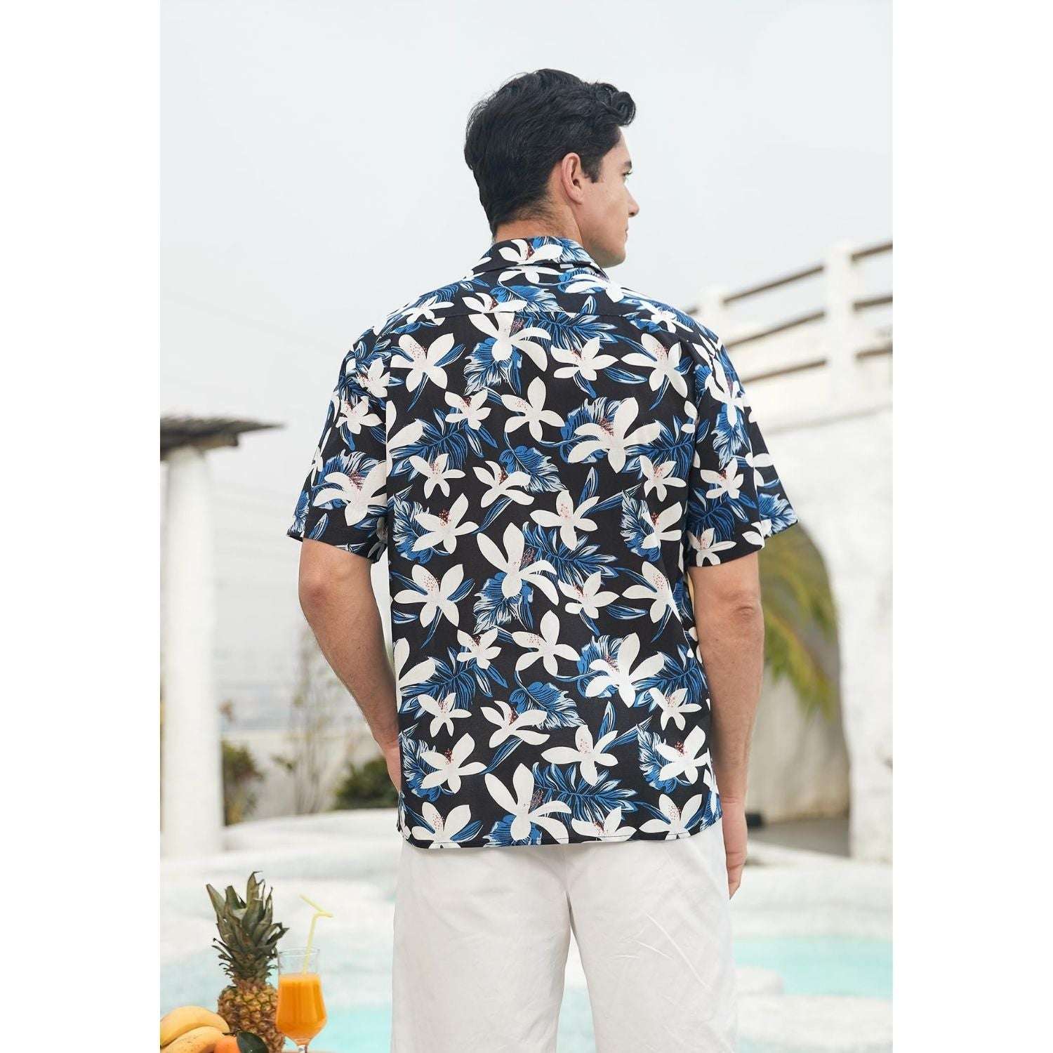 Black White Floral Button Up Hawaiian Shirt For Summer Vacation