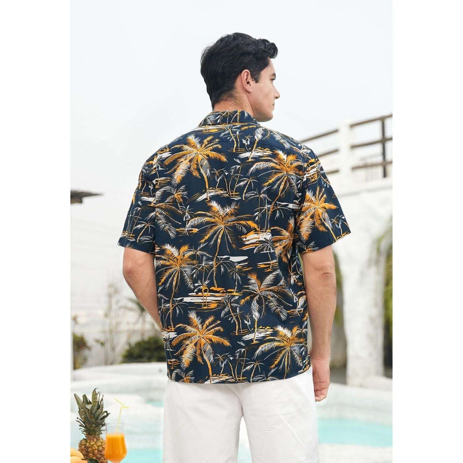 Blue Orange Palm Tree Button Up Hawaiian Shirt For Summer Vacation