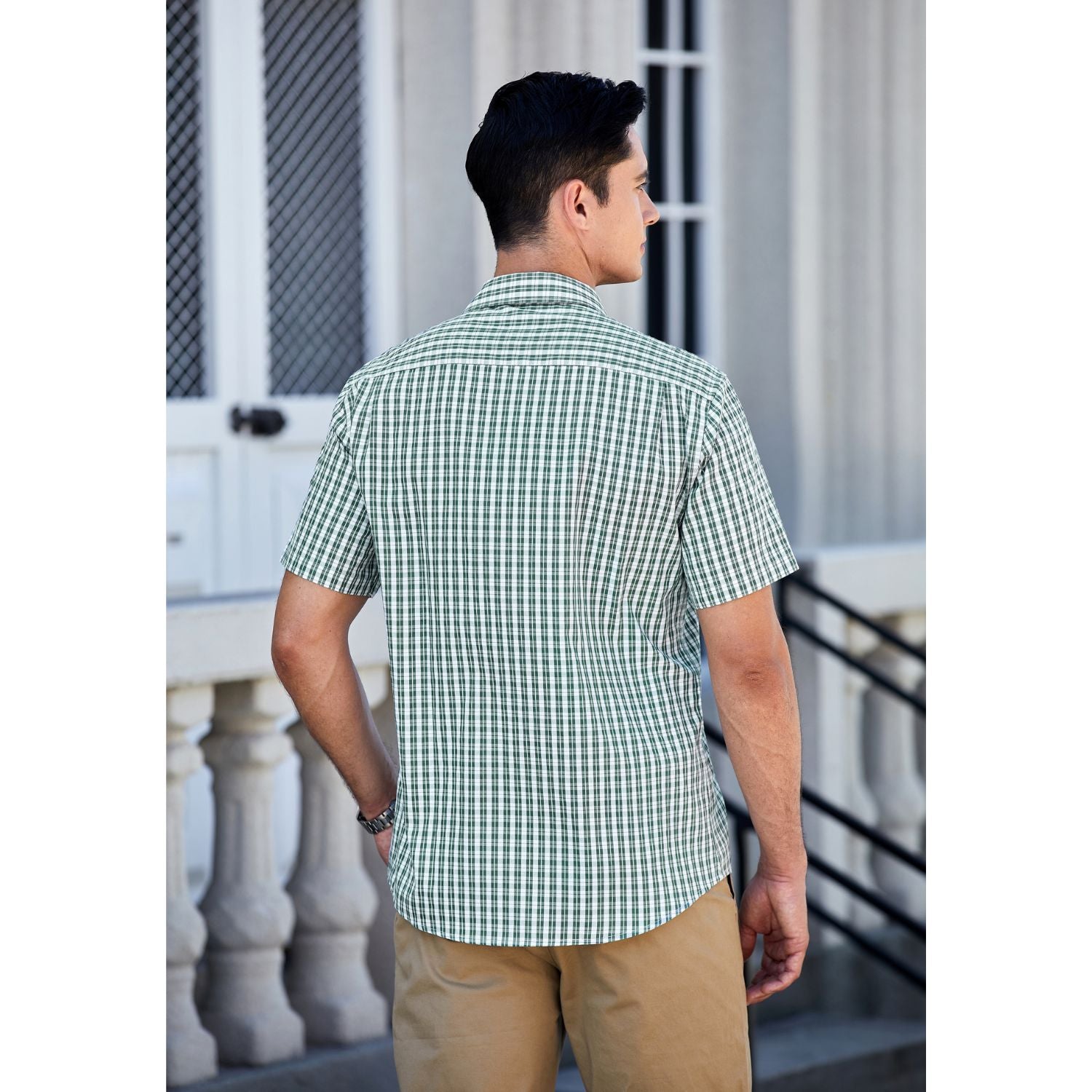 Hisdern Green White Plaid Shirts for Men Short Sleeve Regular Fit Shirts