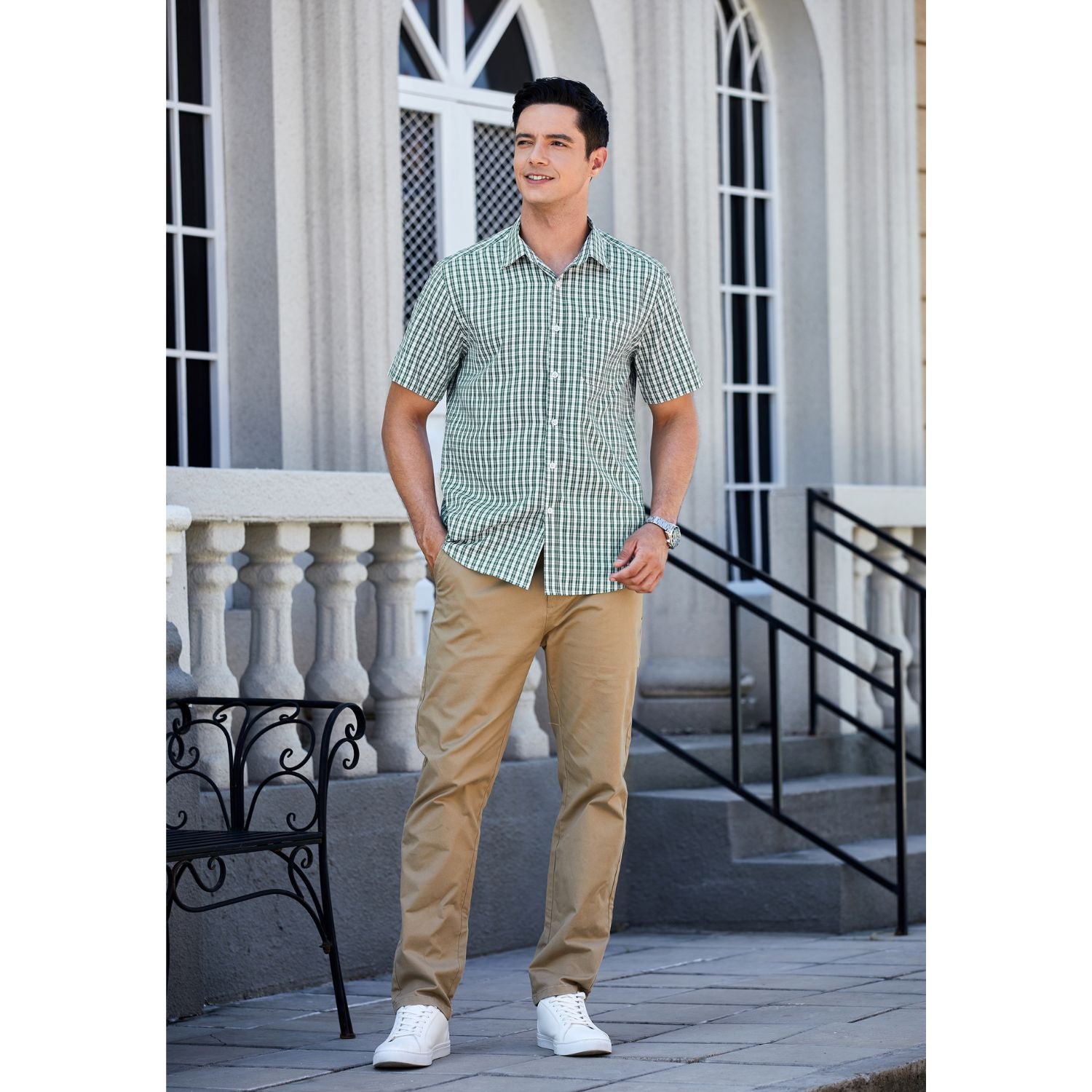 Hisdern Green White Plaid Shirts for Men Short Sleeve Regular Fit Shirts