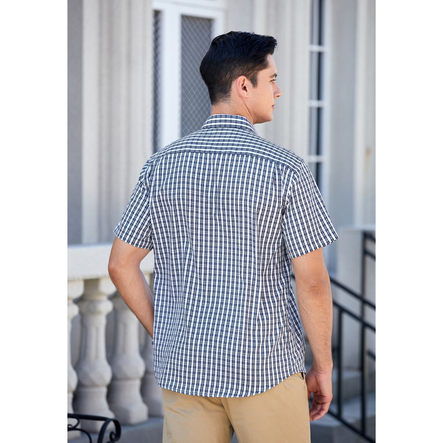 Hisdern Blue White Plaid Shirts for Men Short Sleeve Regular Fit Shirts
