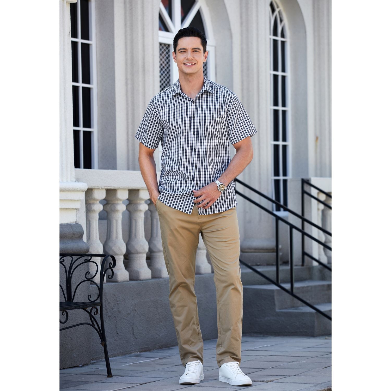 Hisdern Blue White Plaid Shirts for Men Short Sleeve Regular Fit Shirts