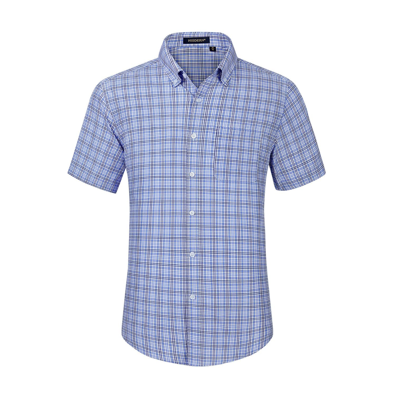Hisdern Blue Plaid Shirts for Men Short Sleeve Regular Fit Shirts