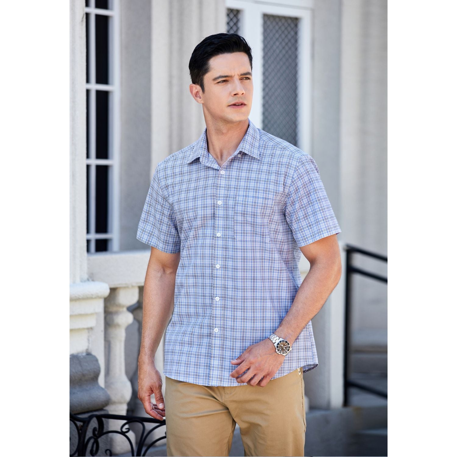 Hisdern Blue Plaid Shirts for Men Short Sleeve Regular Fit Shirts