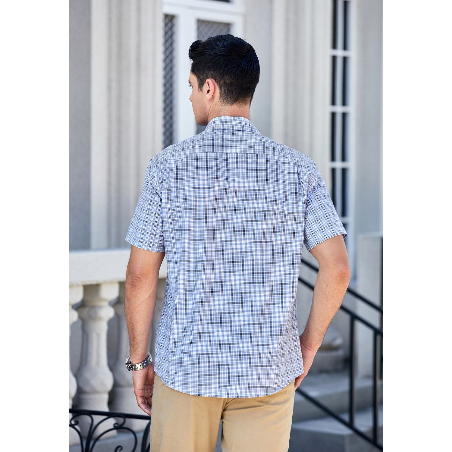 Hisdern Blue Plaid Shirts for Men Short Sleeve Regular Fit Shirts