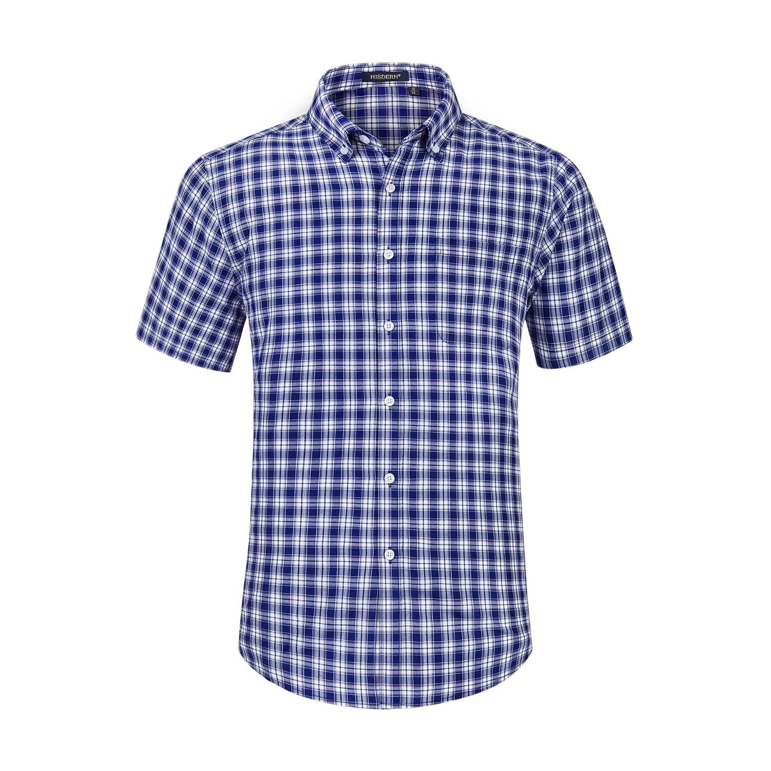 Hisdern Navy Blue White Plaid Shirts for Men Short Sleeve Regular Fit Shirts