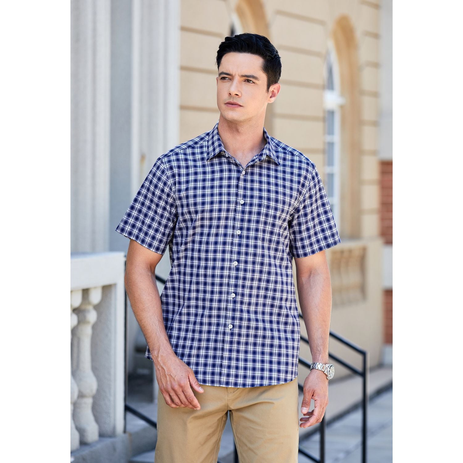 Hisdern Navy Blue White Plaid Shirts for Men Short Sleeve Regular Fit Shirts