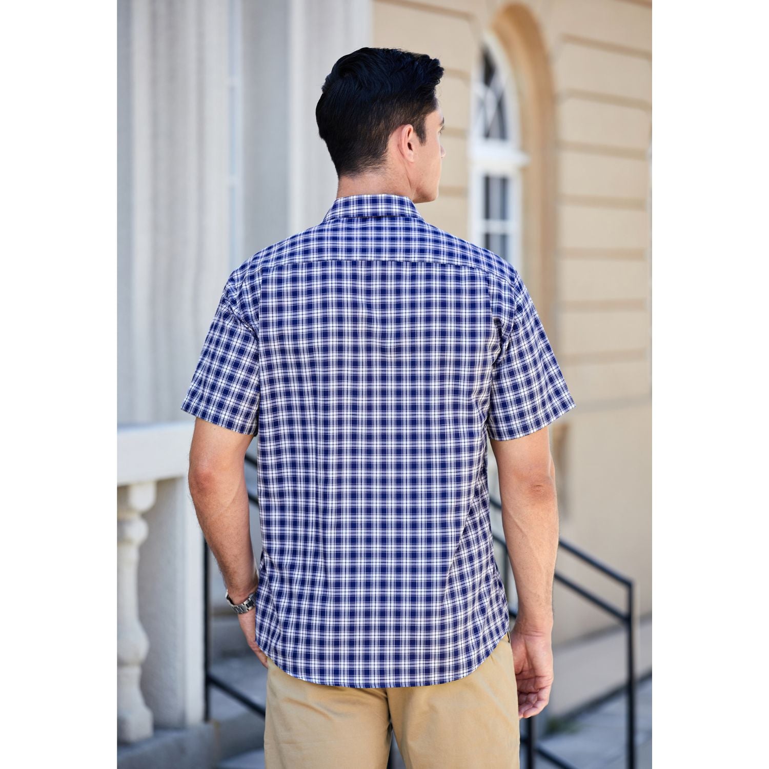 Hisdern Navy Blue White Plaid Shirts for Men Short Sleeve Regular Fit Shirts