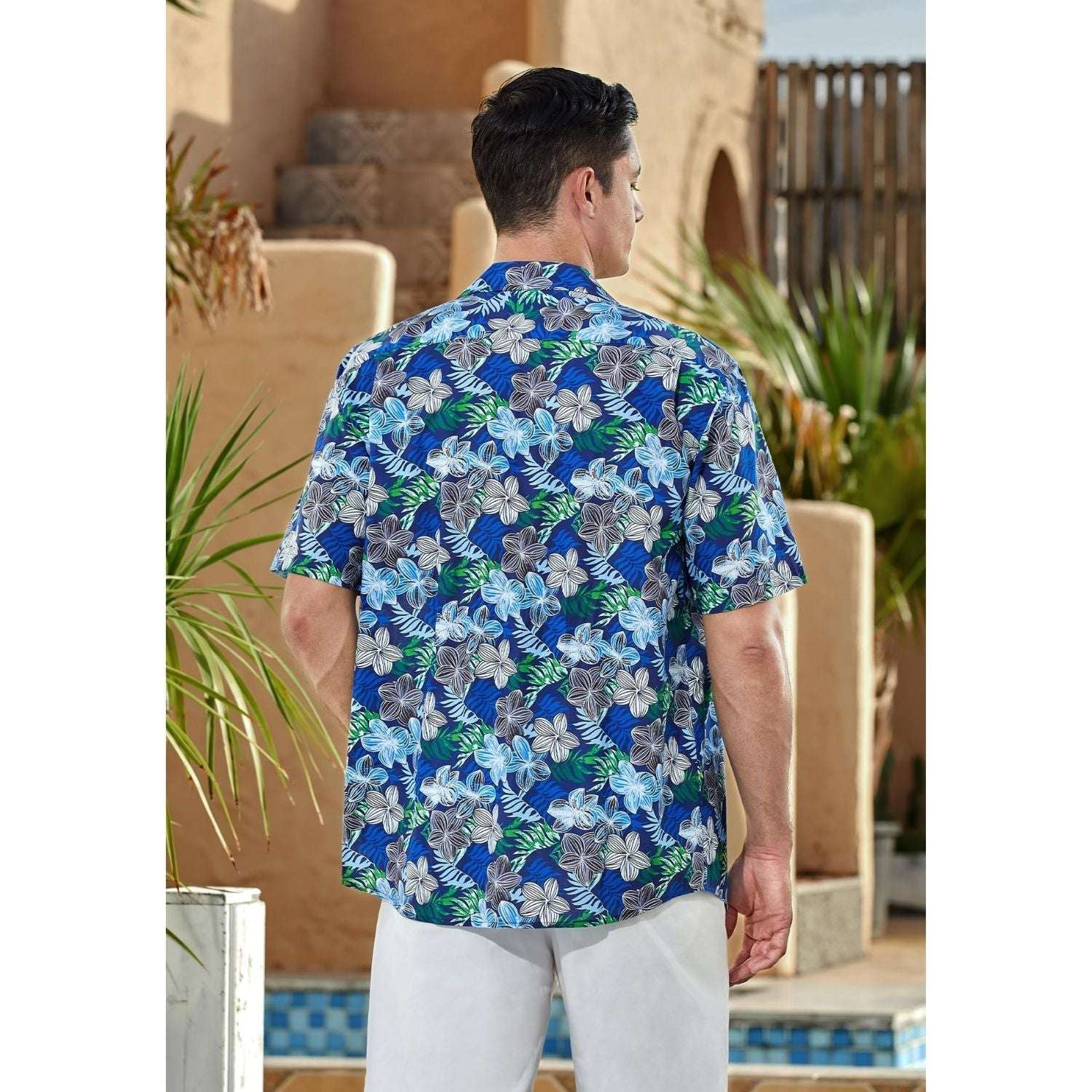 Blue White Floral Button Up Hawaiian Shirt For Summer Vacation