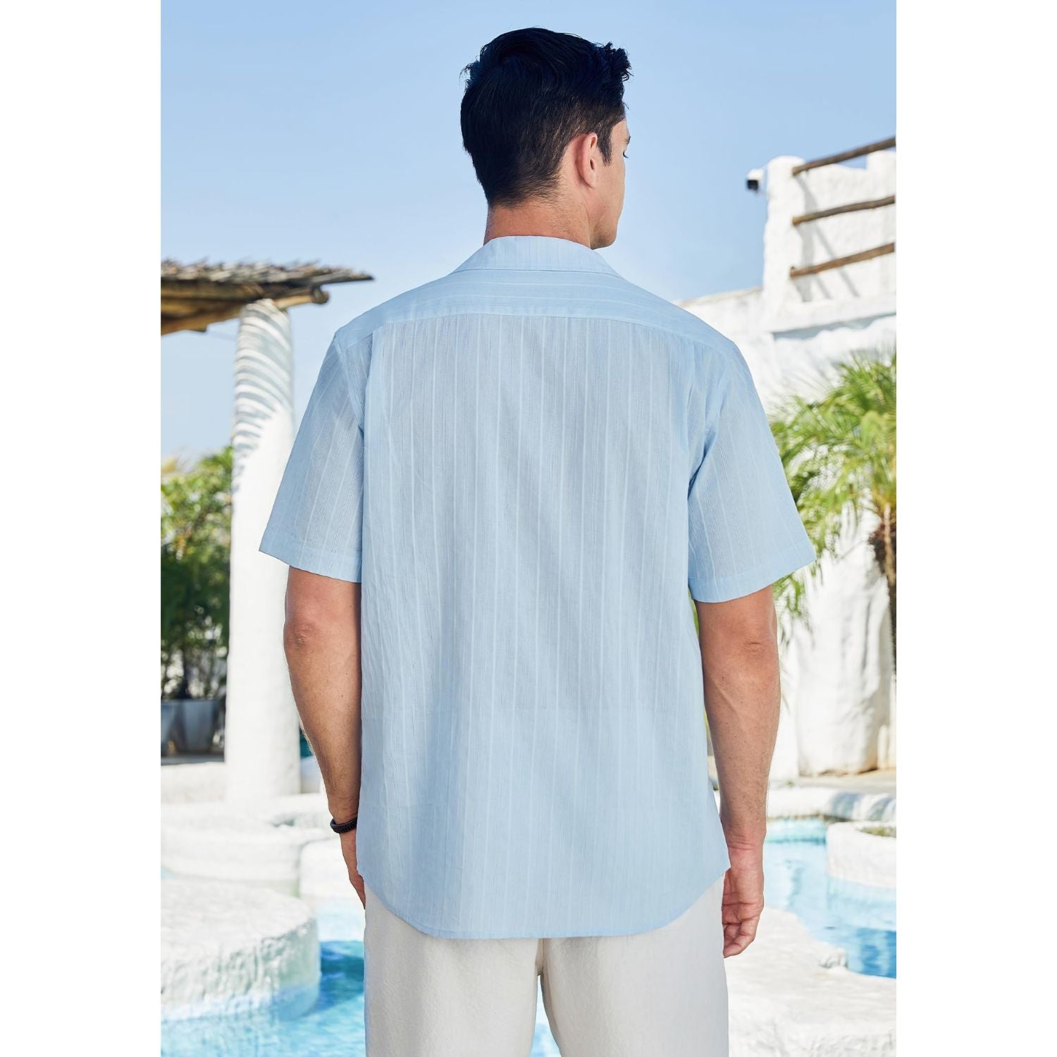 Hisdern Casual Short Sleeve Blue Cuban Collar Shirts for Men Summer