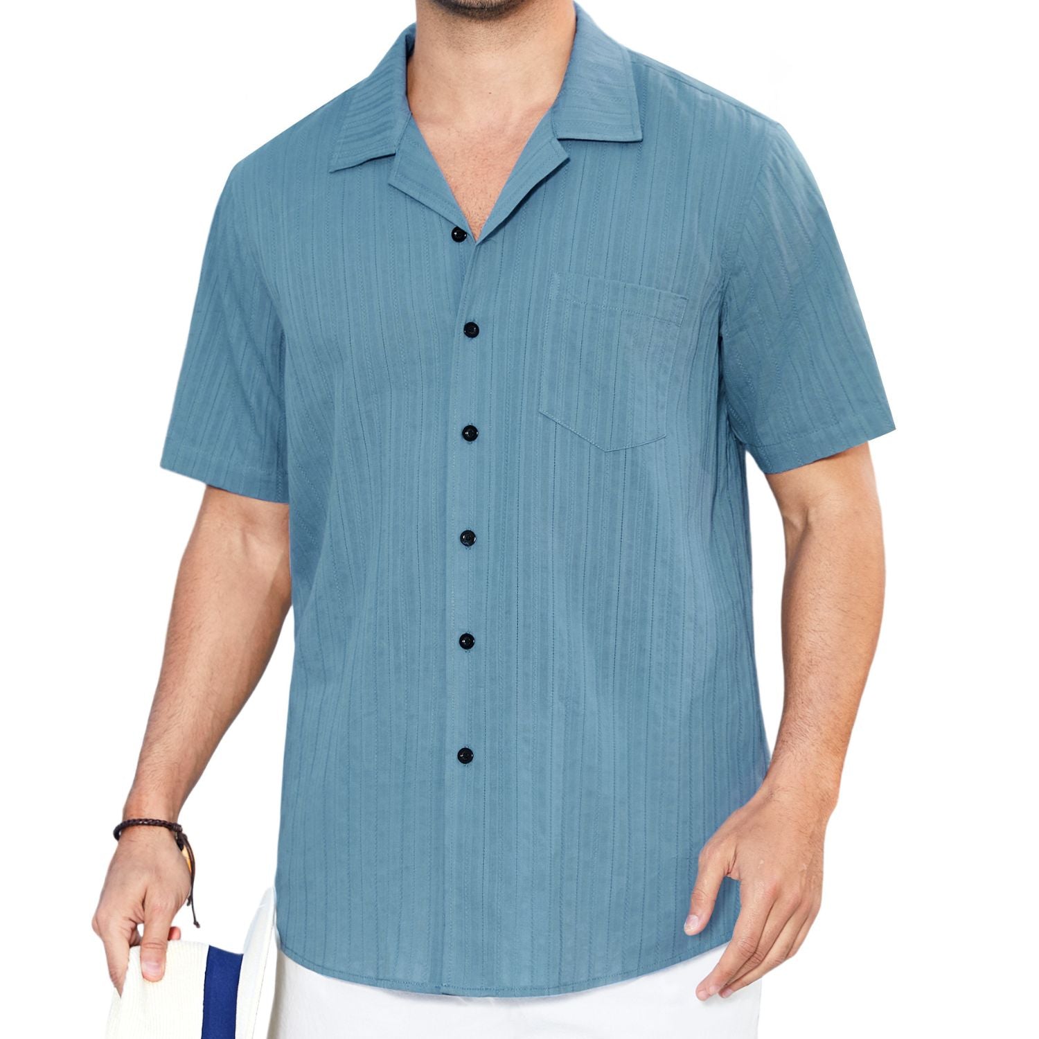 Hisdern Casual Short Sleeve Denim Blue Cuban Collar Shirts for Men Summer