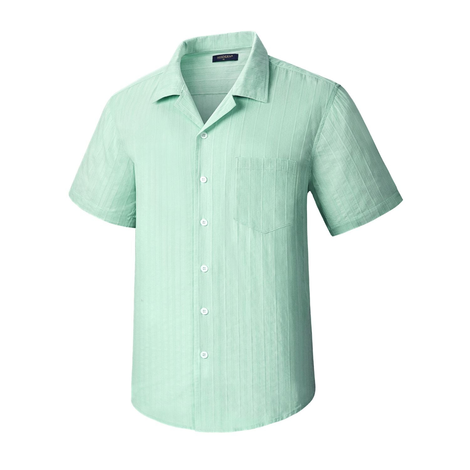 Hisdern Casual Short Sleeve Green Cuban Collar Shirts for Men Summer