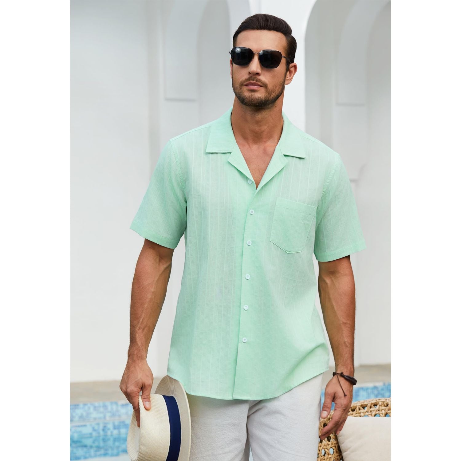 Hisdern Casual Short Sleeve Green Cuban Collar Shirts for Men Summer