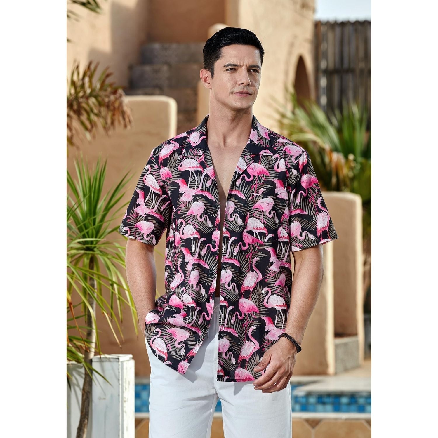 Pink Flamingo Button Up Hawaiian Shirt For Summer Vacation