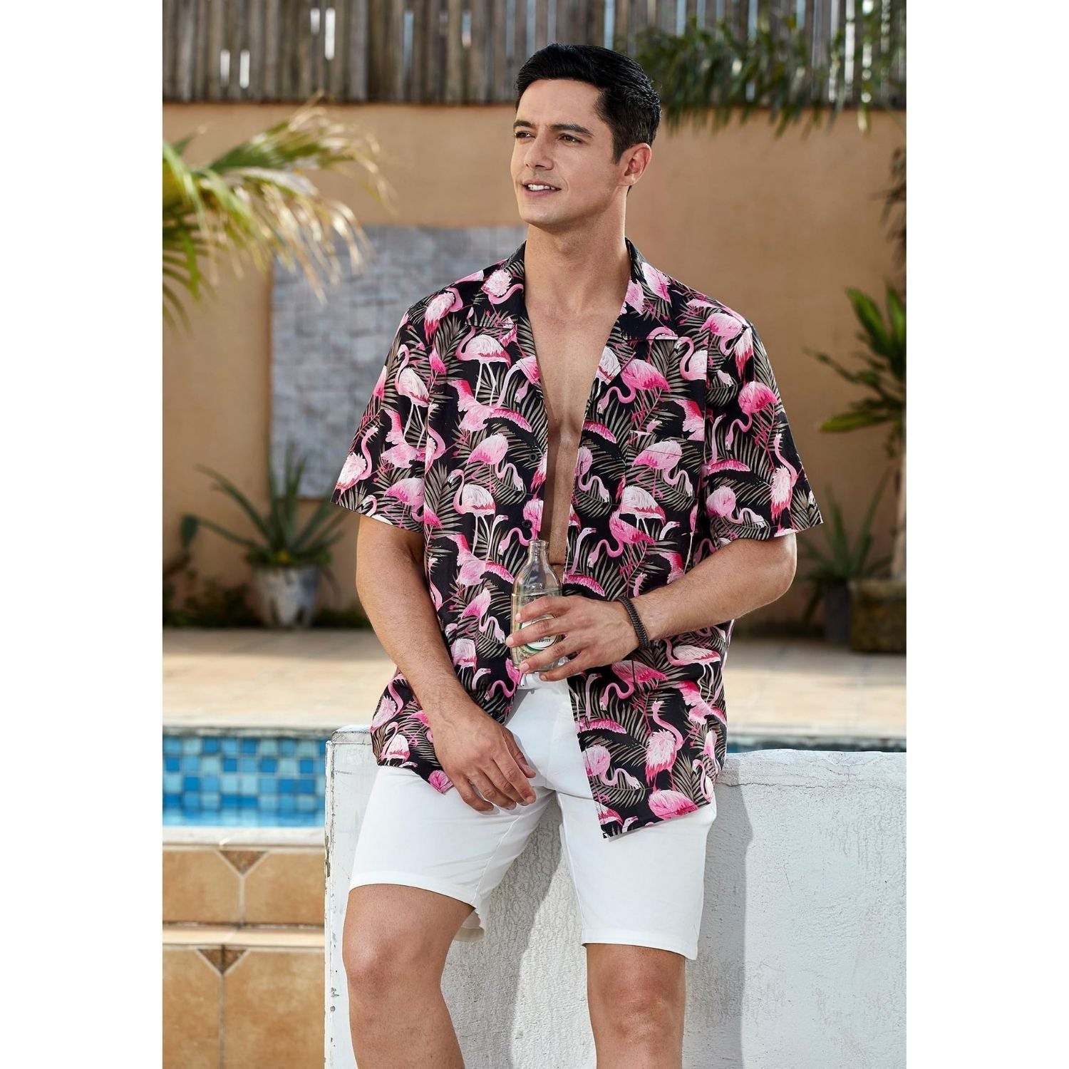 Pink Flamingo Button Up Hawaiian Shirt For Summer Vacation