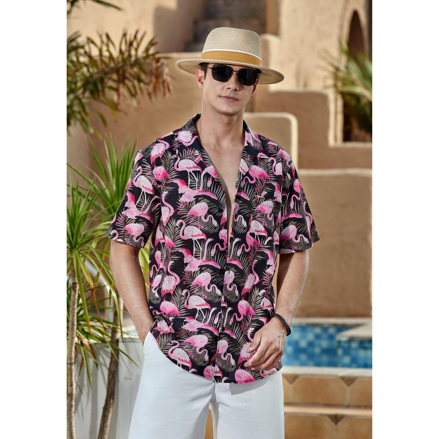 Pink Flamingo Button Up Hawaiian Shirt For Summer Vacation