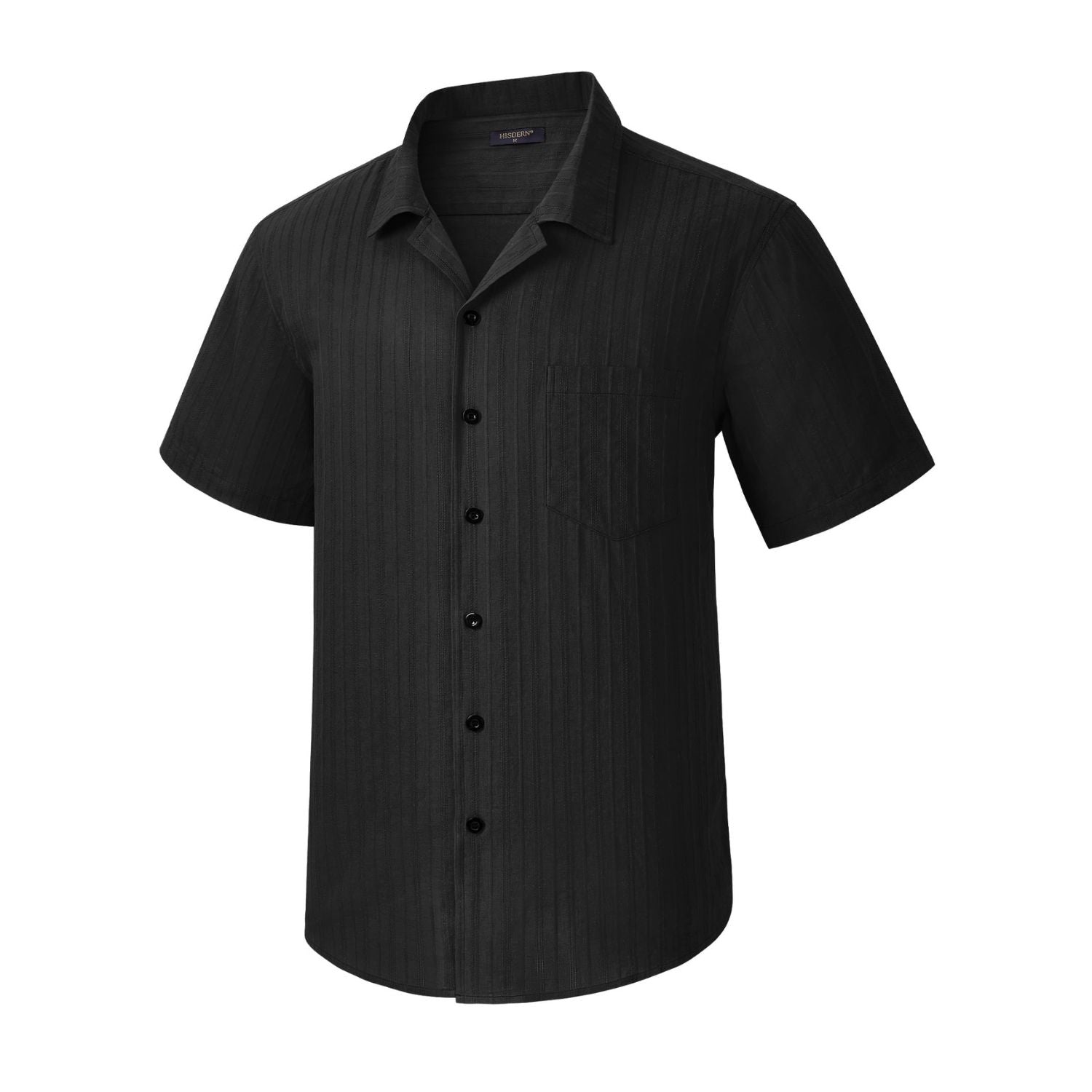 Hisdern Casual Short Sleeve Black Cuban Collar Shirts for Men Summer