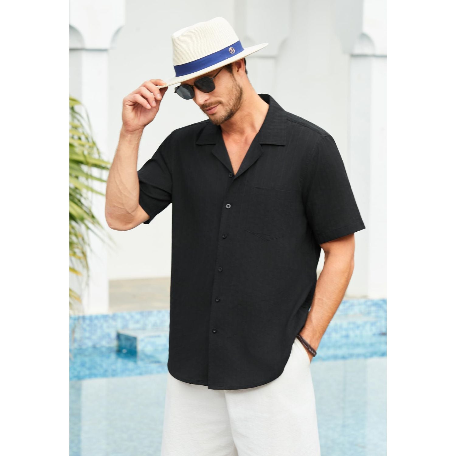 Hisdern Casual Short Sleeve Black Cuban Collar Shirts for Men Summer
