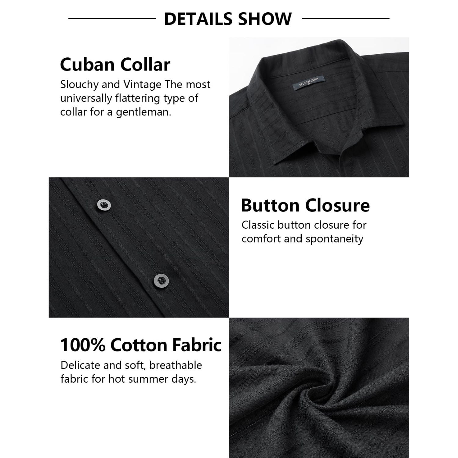 Hisdern Casual Short Sleeve Black Cuban Collar Shirts for Men Summer