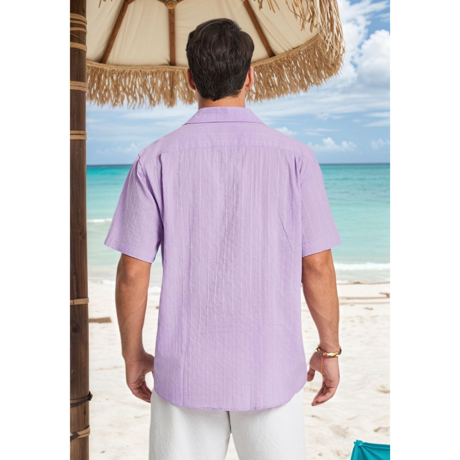 Hisdern Casual Short Sleeve Purple Cuban Collar Shirts for Men Summer