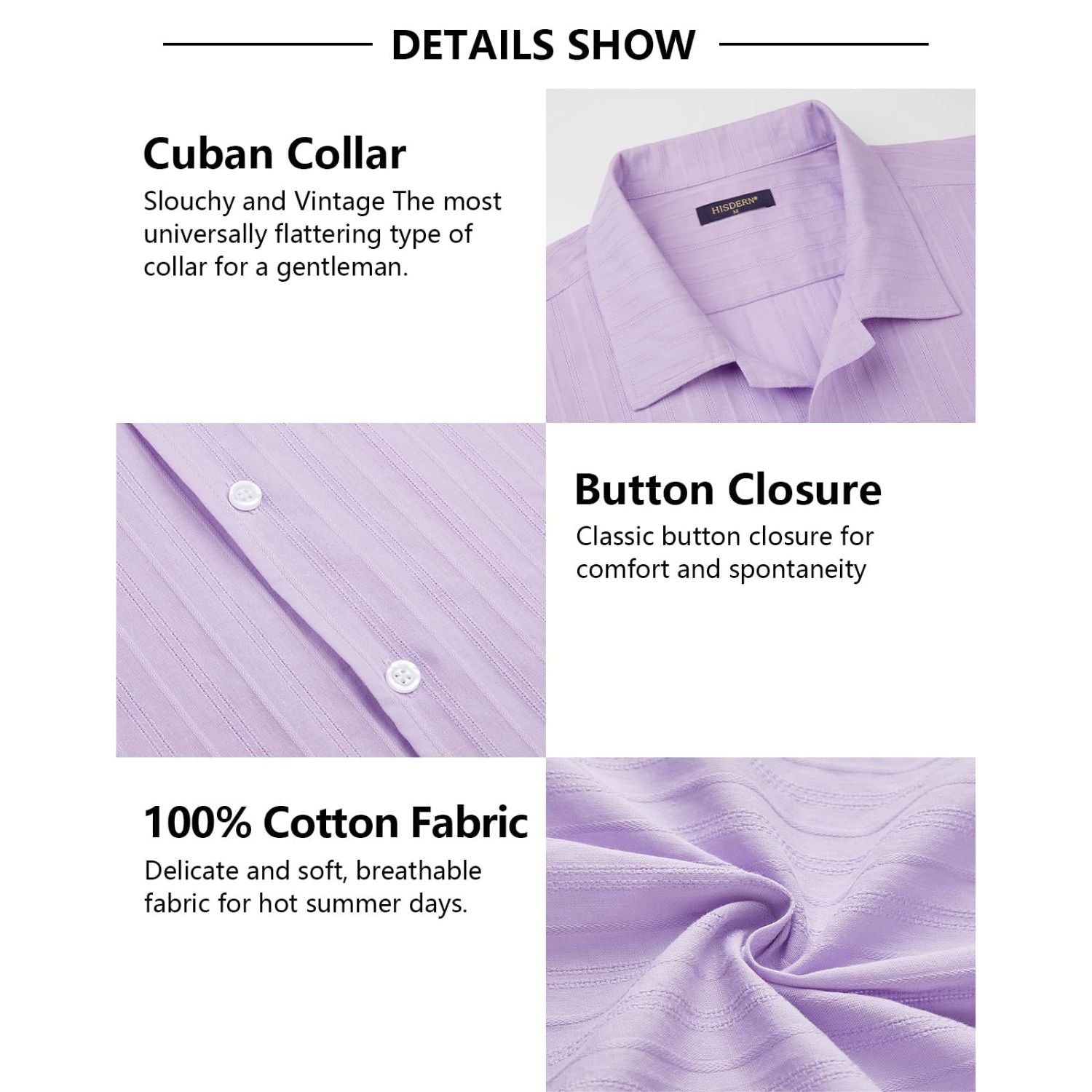 Hisdern Casual Short Sleeve Purple Cuban Collar Shirts for Men Summer