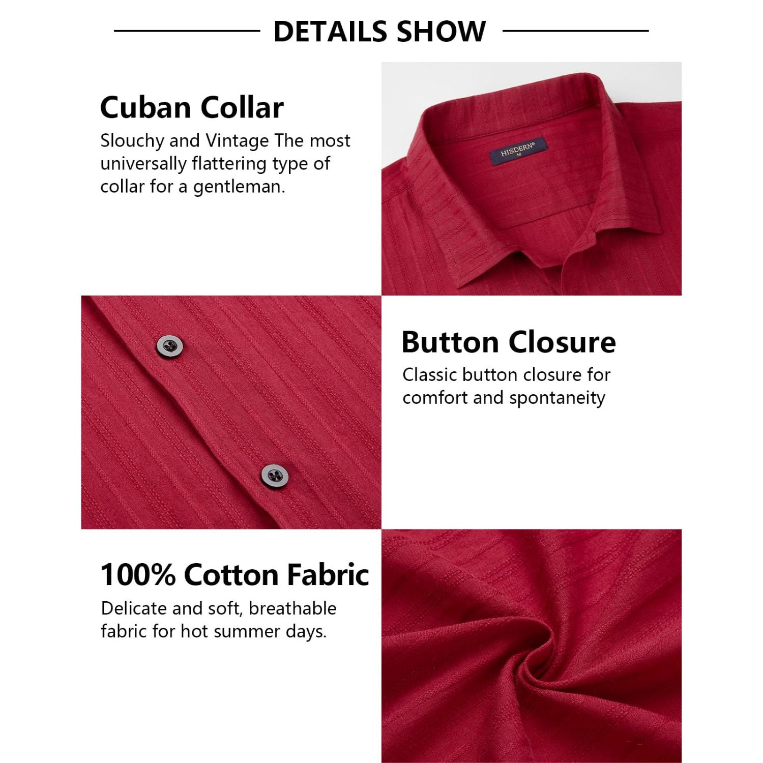 Hisdern Casual Short Sleeve Red Cuban Collar Shirts for Men Summer