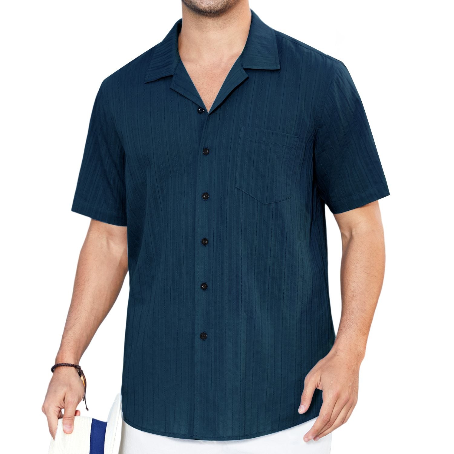 Hisdern Casual Short Sleeve Navy Blue Cuban Collar Shirts for Men Summer