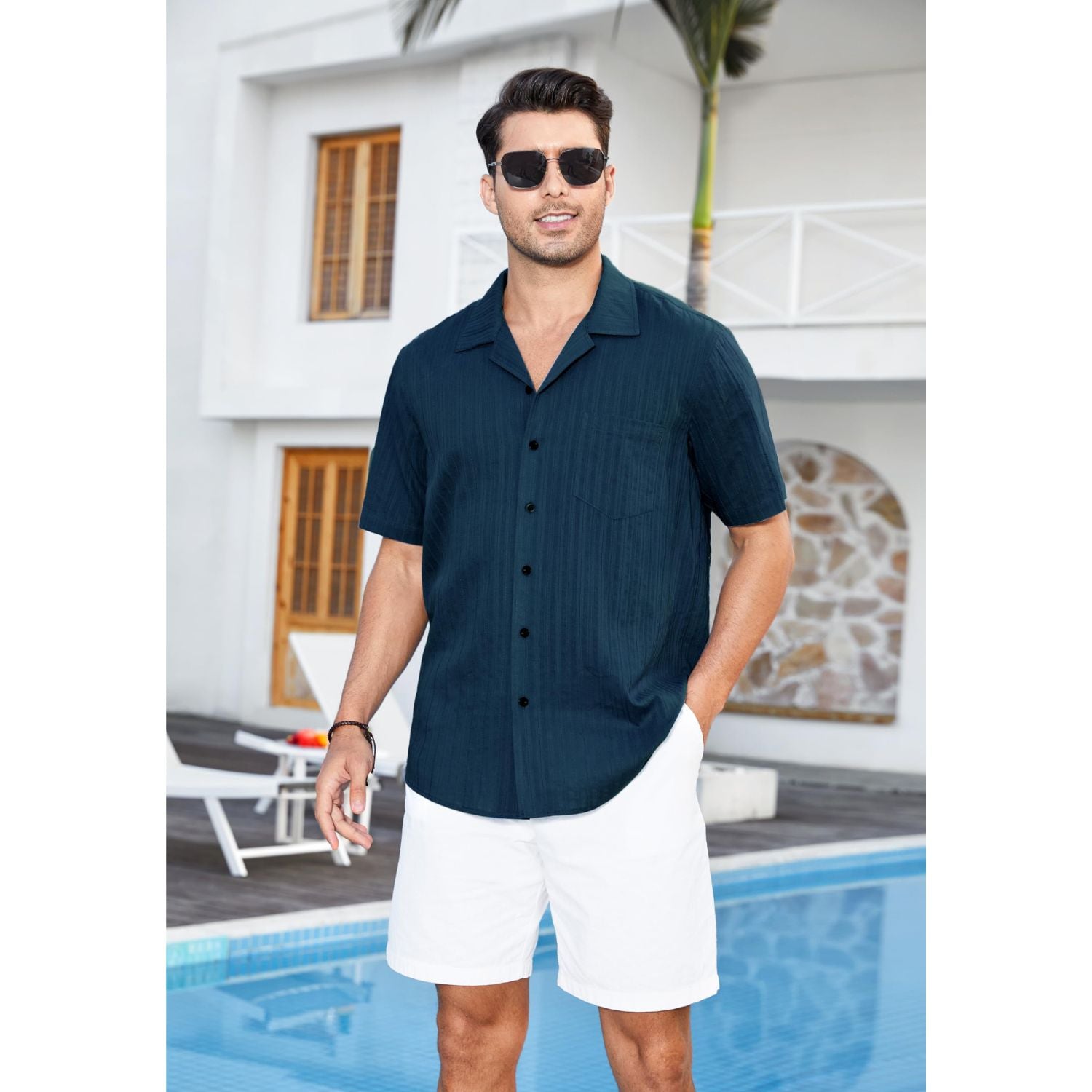 Hisdern Casual Short Sleeve Navy Blue Cuban Collar Shirts for Men Summer