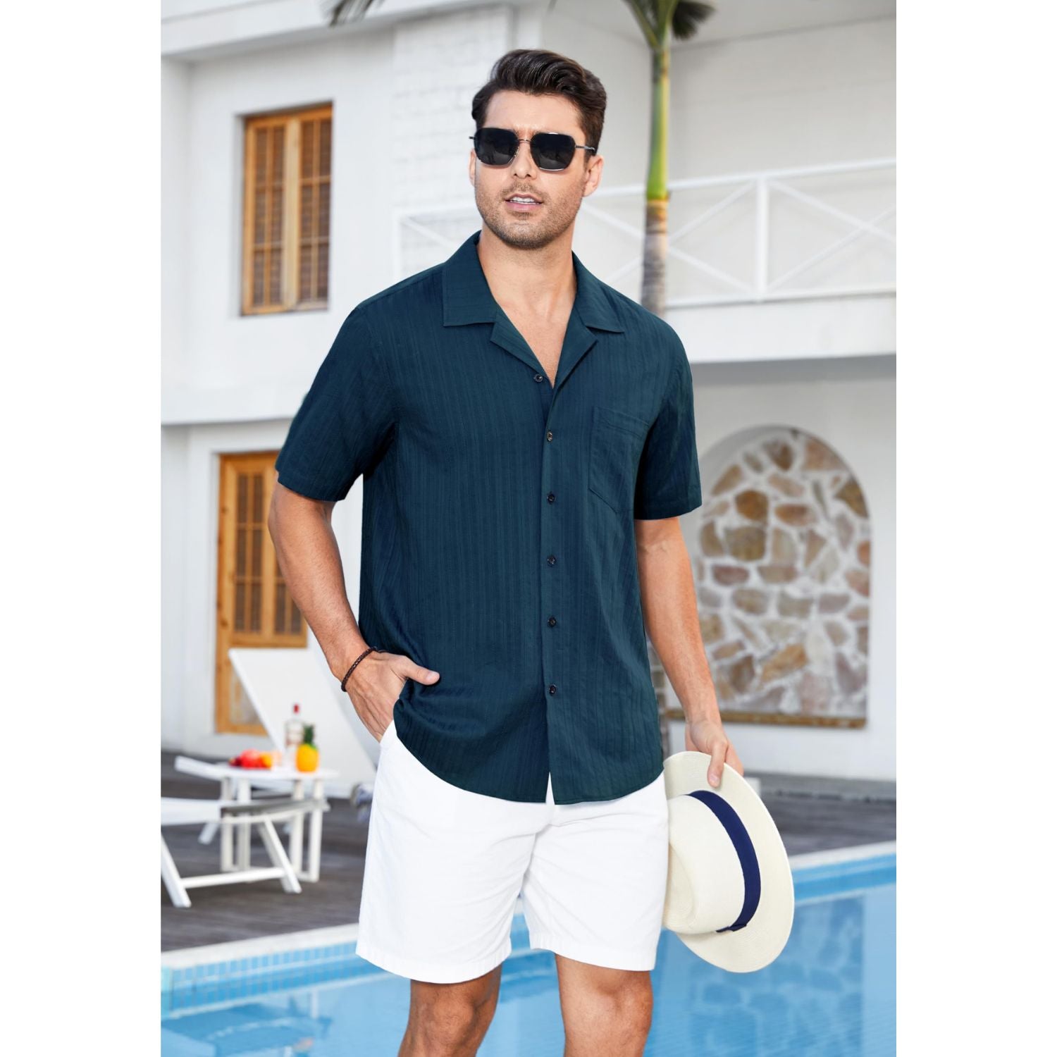 Hisdern Casual Short Sleeve Navy Blue Cuban Collar Shirts for Men Summer