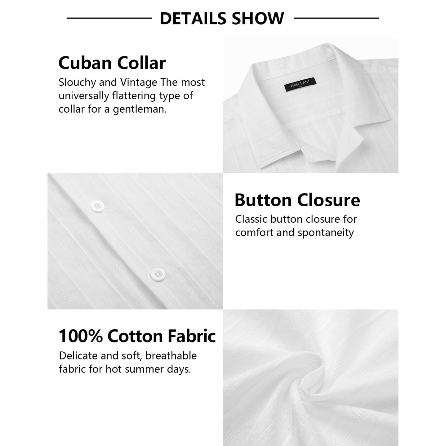 Hisdern Casual Short Sleeve White Cuban Collar Shirts for Men Summer