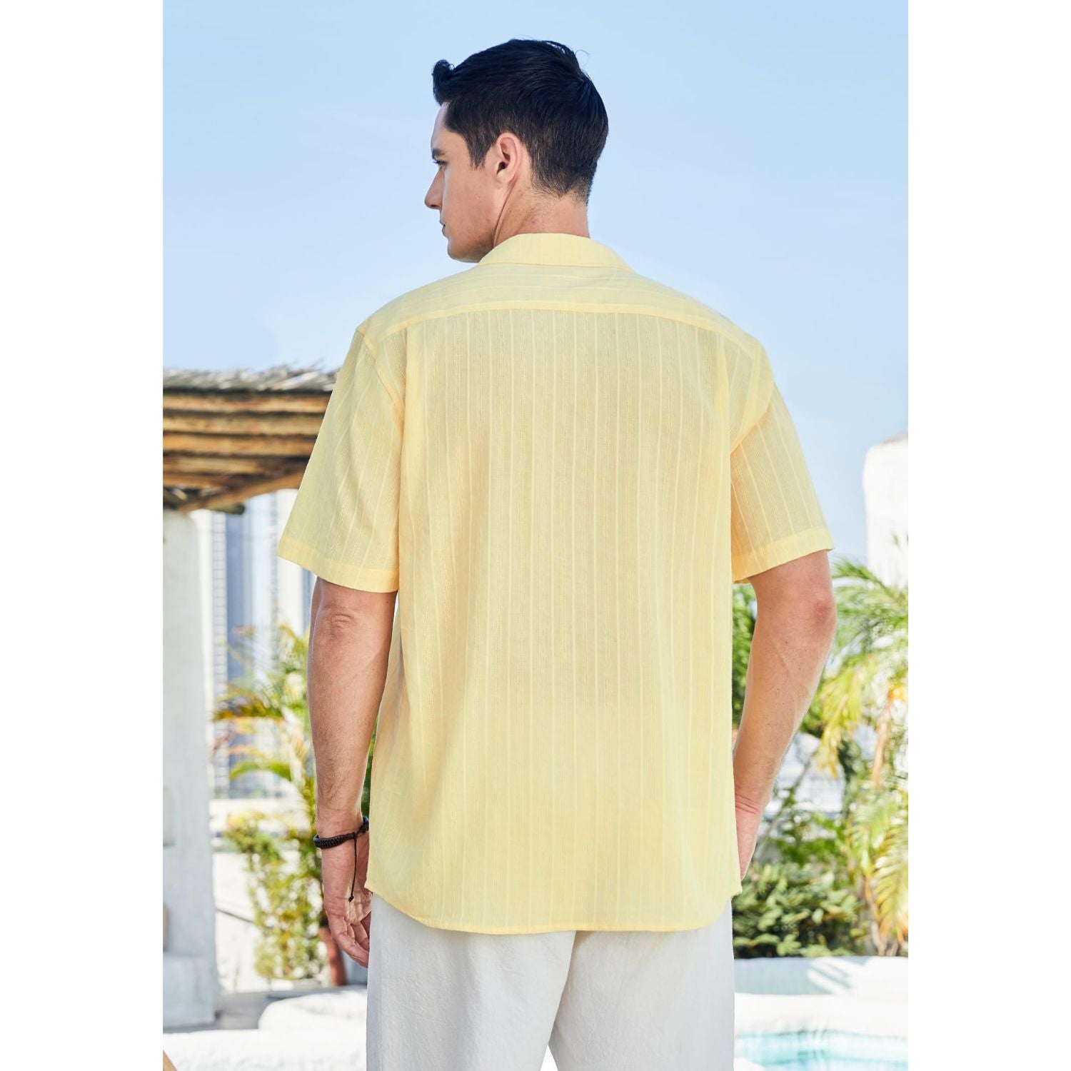 Hisdern Casual Short Sleeve Yellow Cuban Collar Shirts for Men Summer