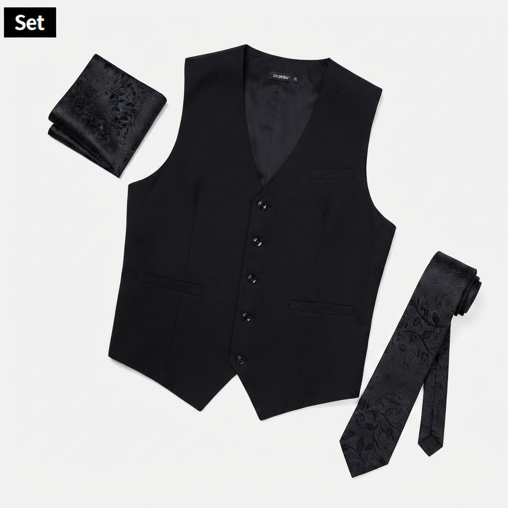 Hisdern Black Satin Vest & Floral Accessory Set