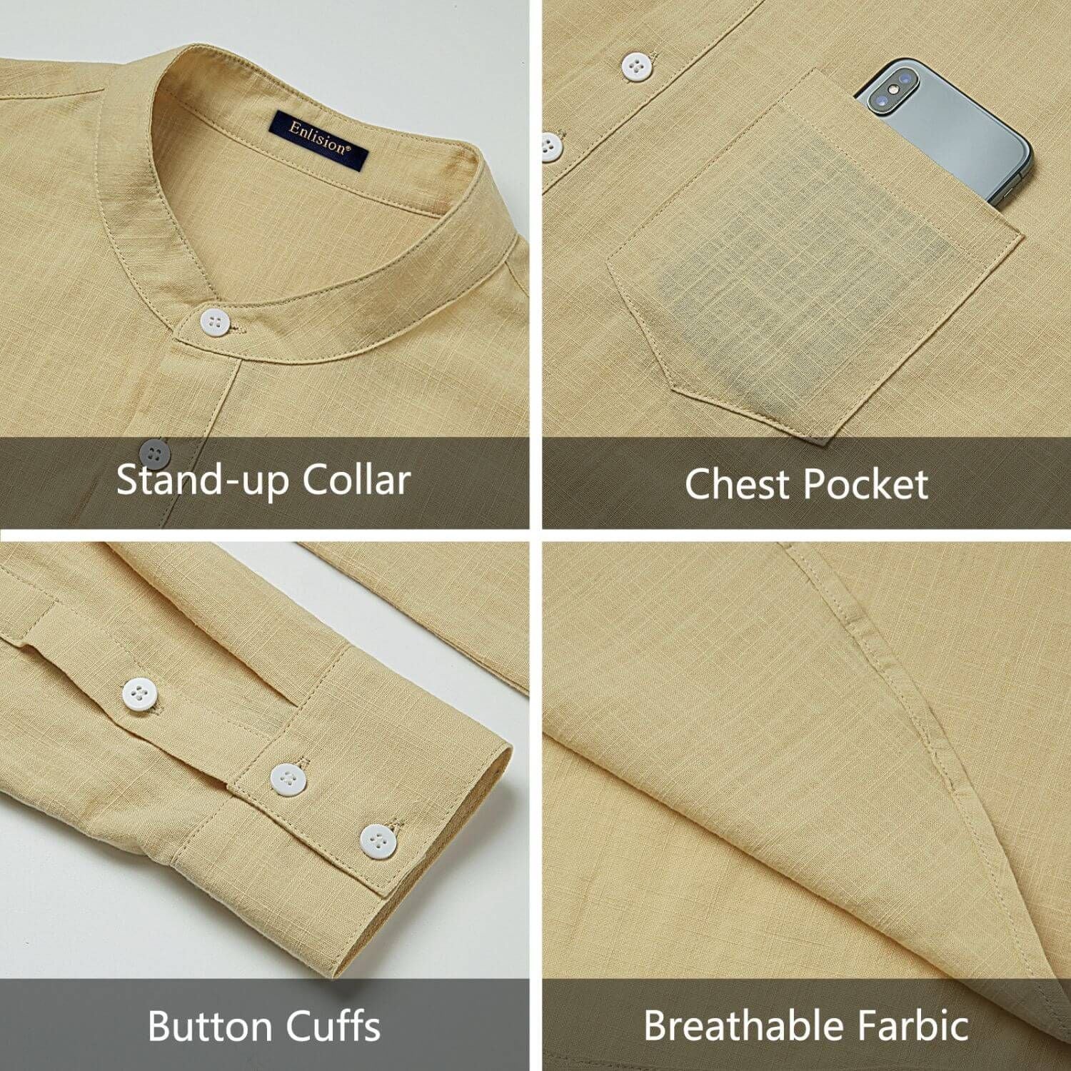 Hisdern Men's Beige Henley Long Sleeve Shirt Casual Button-Up Style