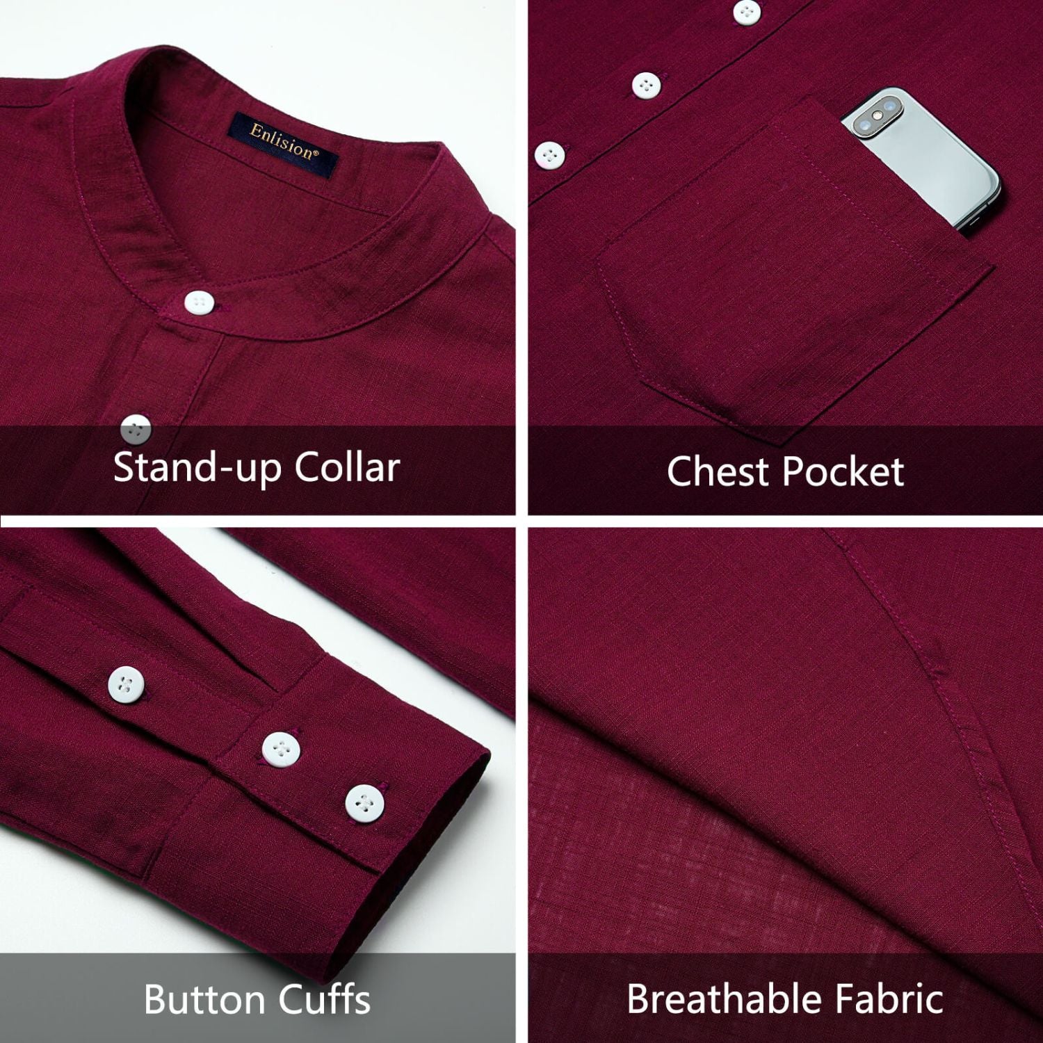 Hisdern Men's Burgundy Henley Long Sleeve Shirt Casual Button-Up Style