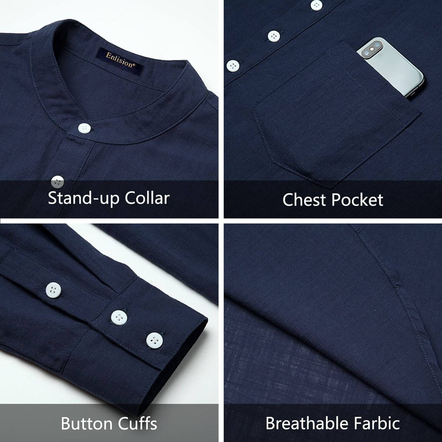 Hisdern Men's Navy Blue Henley Long Sleeve Shirt Casual Button-Up Style